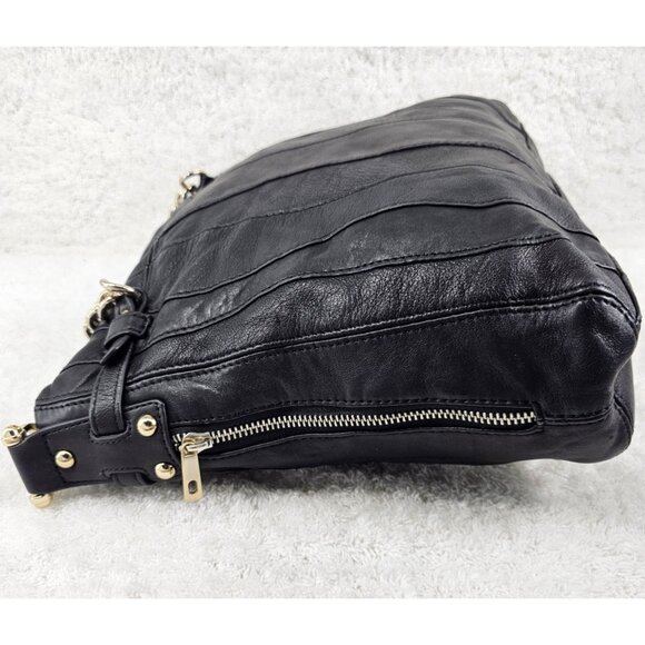 JUNIOR DRAKE Black Lambskin Leather Shoulder Bag with Gold Chain Accent Straps - Picture 5 of 15